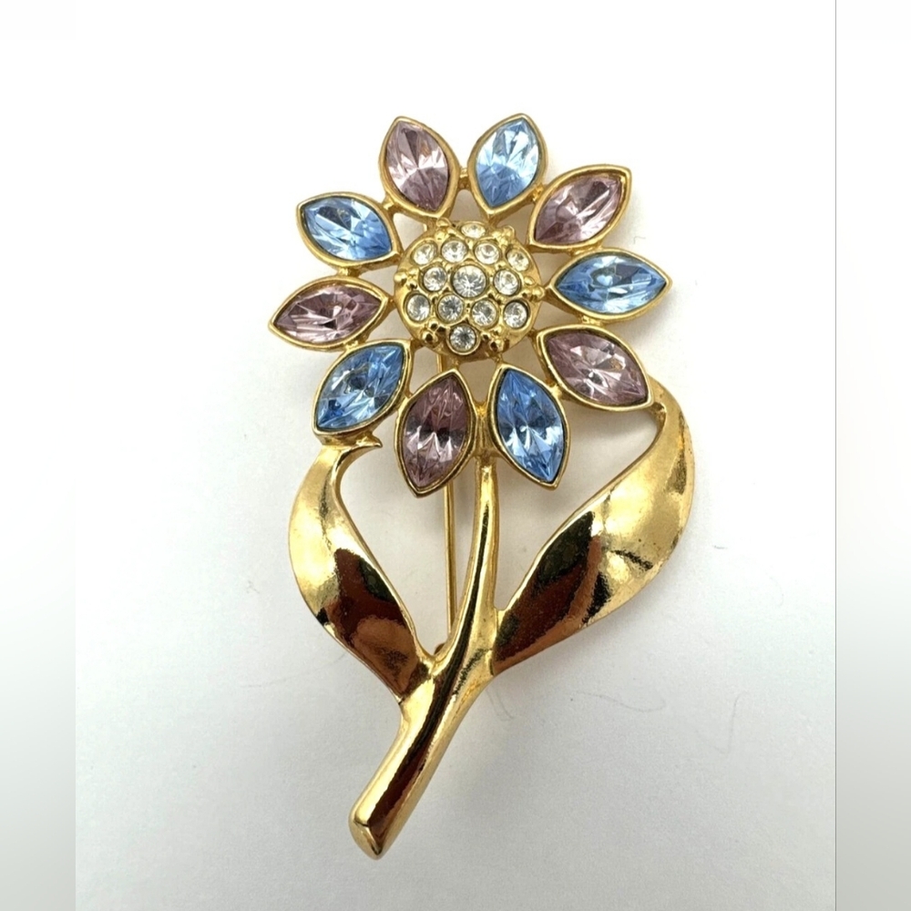 Vintage Avon Gold Flower Brooch with Pink/Blue Rhinestones